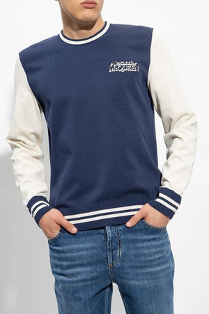 Navy Blue and Cream Cotton Crewneck Jumper for Men