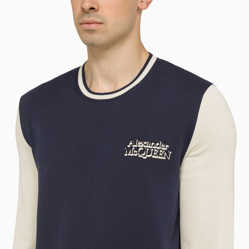 Navy Blue and Cream Cotton Crewneck Jumper for Men