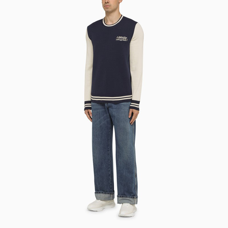 Navy Blue and Cream Cotton Crewneck Jumper for Men