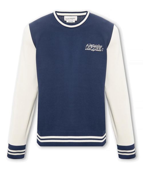 Navy Blue and Cream Cotton Crewneck Jumper for Men - FW23 Collection