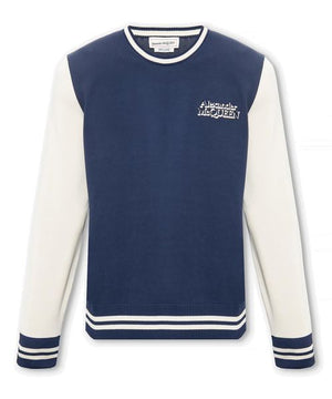 Navy Blue and Cream Cotton Crewneck Jumper for Men