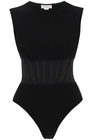 Hybrid Black Bodysuit with Corset-Like Waist Insert for Women