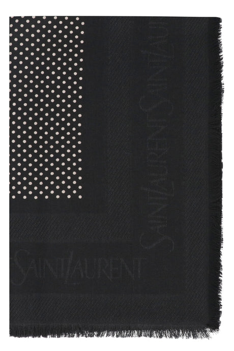 华丽羊毛丝质围巾，带流苏边和黑白波点图案