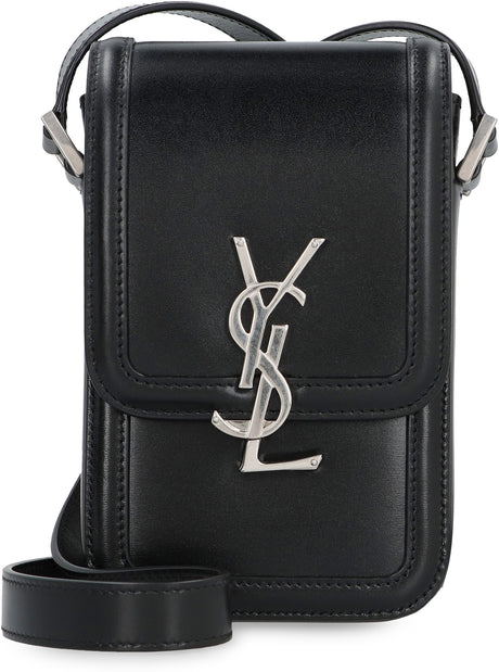 SAINT LAURENT Elegant Mini Black Leather Crossbody Bag for Men with Adjustable Strap and Silver-Tone Hardware, 11x18x5 cm