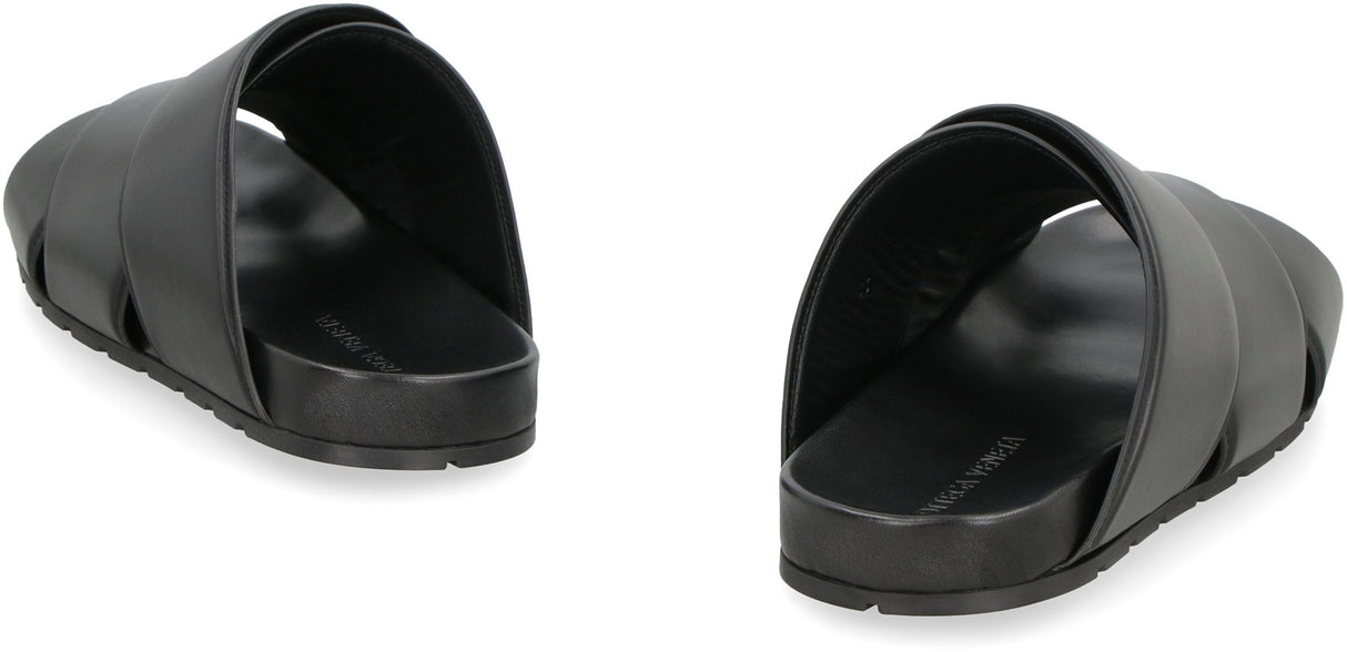 BOTTEGA VENETA Men's Black Leather Flat Sandals for FW24