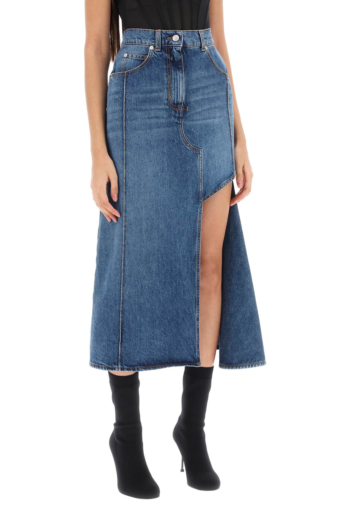 ALEXANDER MCQUEEN Stone-Washed Denim Midi Skirt with Cut-Out Detail