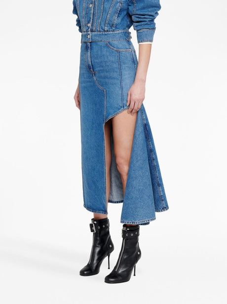 ALEXANDER MCQUEEN Blue Denim Midi Skirt | FW23 Collection