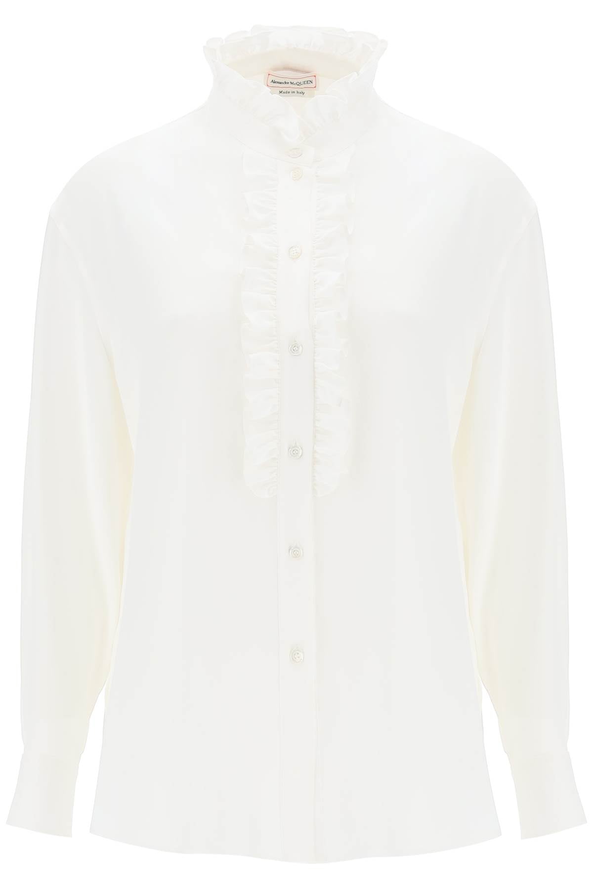 White Silk Satin Shirt with Ruffles