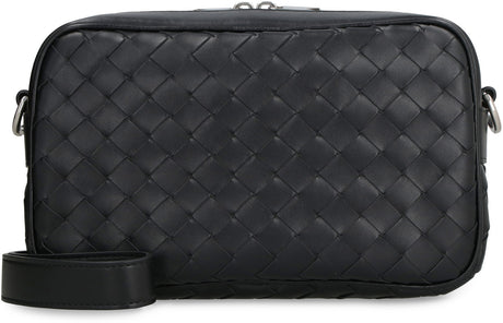 Black Intrecciato Motif Leather Small Camera Handbag for Men