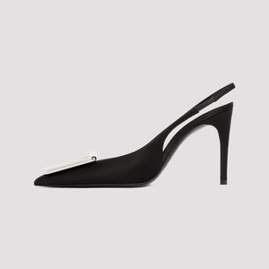 SAINT LAURENT Black Leather Sling Back Pumps for Women with 9.5cm Silk Heels