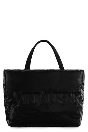 SAINT LAURENT Men's Black Silktech Tote Handbag with Internal Zippered Pocket