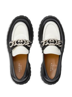 GUCCI Black Leather Loafers for Women with Contrast Detail and Lug Sole