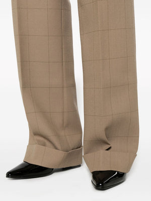 咖啡色格紋寬褲 (Camel Brown Grid-Pattern Wide-Leg Trousers)