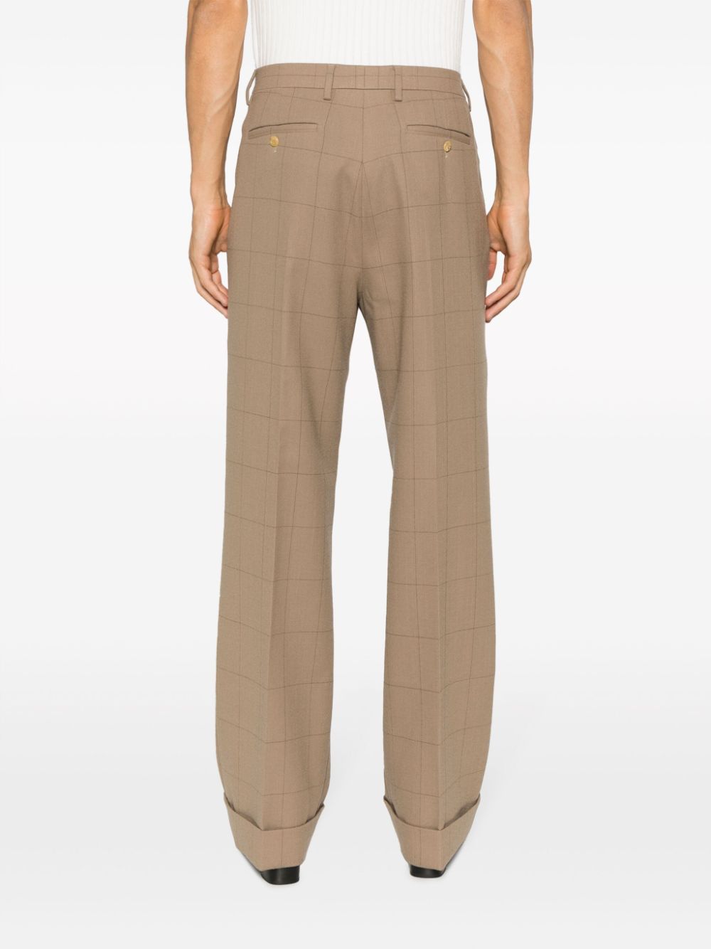 咖啡色格紋寬褲 (Camel Brown Grid-Pattern Wide-Leg Trousers)