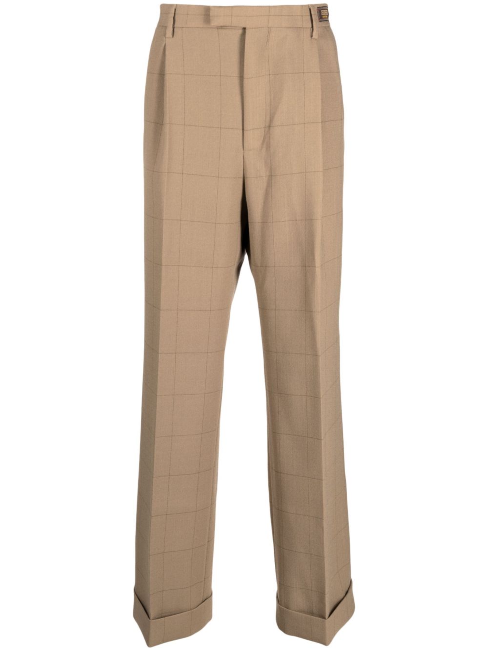 咖啡色格紋寬褲 (Camel Brown Grid-Pattern Wide-Leg Trousers)