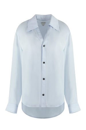 BOTTEGA VENETA Women's Light Blue Viscose Twill Shirt with Asymmetric Hem and V-Neck for FW23