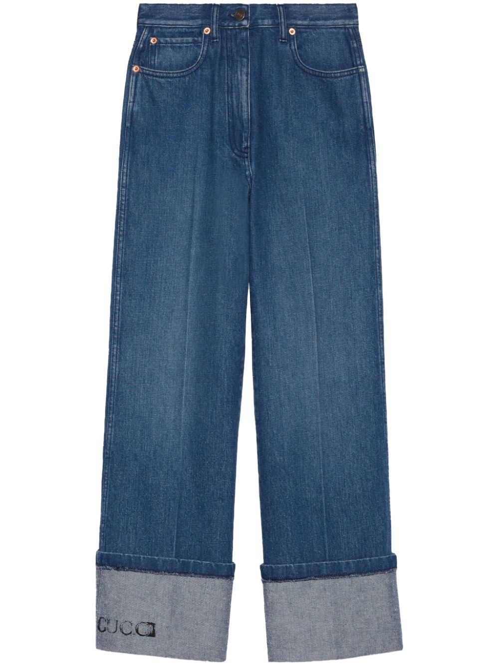 بنطلون جينز واسع الساق مغسول باللون الأزرق وتفاصيل طبعة الشعار