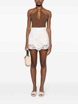 ZIMMERMANN Ivory White Linen Lace Trimmed High-Waisted Shorts with Broderie Anglaise Detail