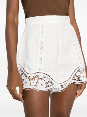 Ivory White Linen Lace Trimmed High-Waisted Shorts with Broderie Anglaise Detail