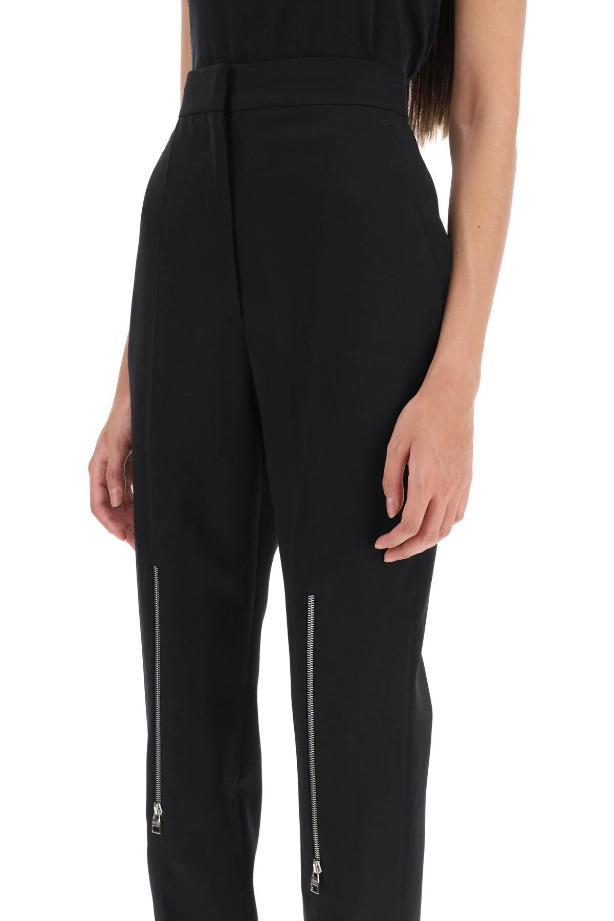 Stylish Black Wool Pants with Zippers on Knees for Women