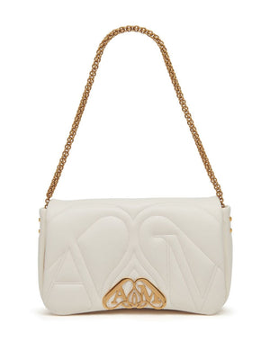 ALEXANDER MCQUEEN Ivory White Quilted Small Leather Crossbody Handbag with Detachable Straps and Silver-Tone Accents