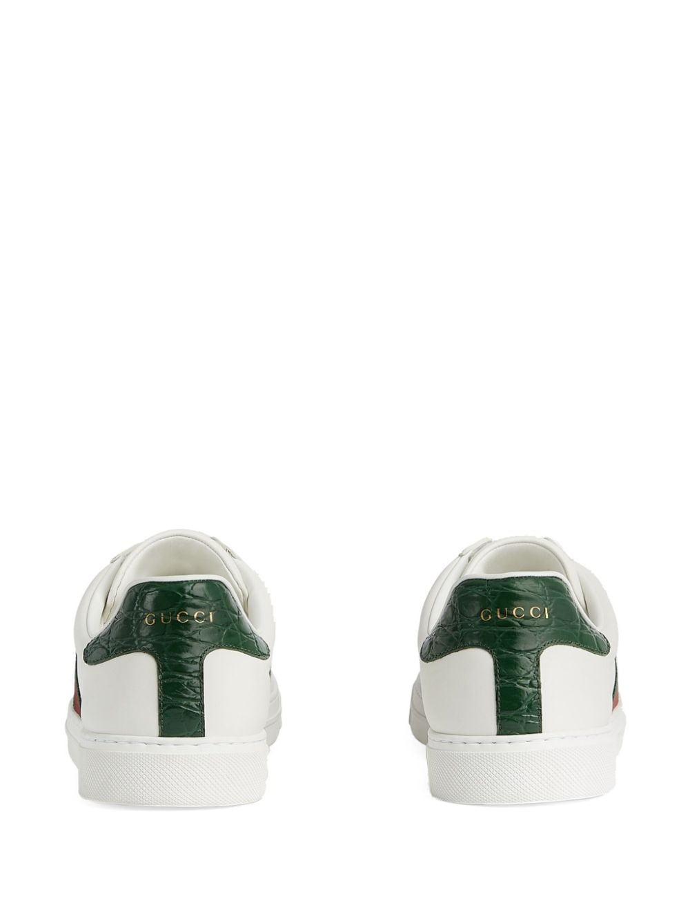 GUCCI Men's White Low-Top Leather Sneakers with Contrasting Heel and Green-Red-Green Web Detail