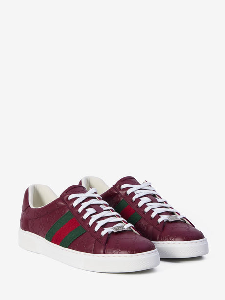 GUCCI Ace Leather Sneakers in Red with Iconic Web Detail, 3cm Height
