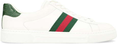 White Women's Low-Top Sneaker with Contrasting Leather Detail and Green-Red-Green Web Accent