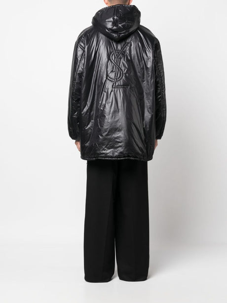 Jet Black Oversized Hooded Anorak Jacket for Men in Nylon