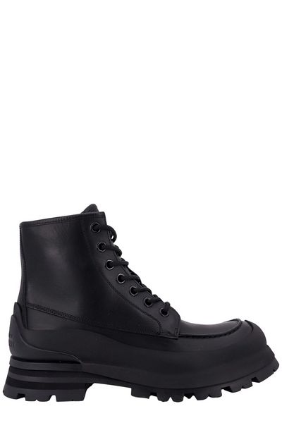 ALEXANDER MCQUEEN Men's Black Leather Ankle Boots with Oversized Sole and Iconic Logo Print