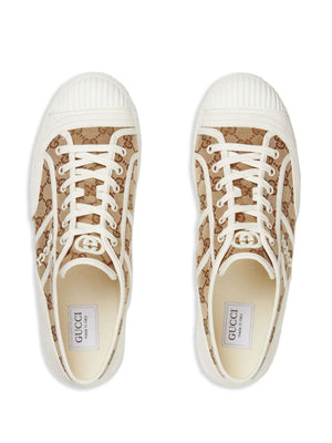 GUCCI Men's Tan Low-Top Sneaker in Original GG Fabric and Suede Inserts for SS24