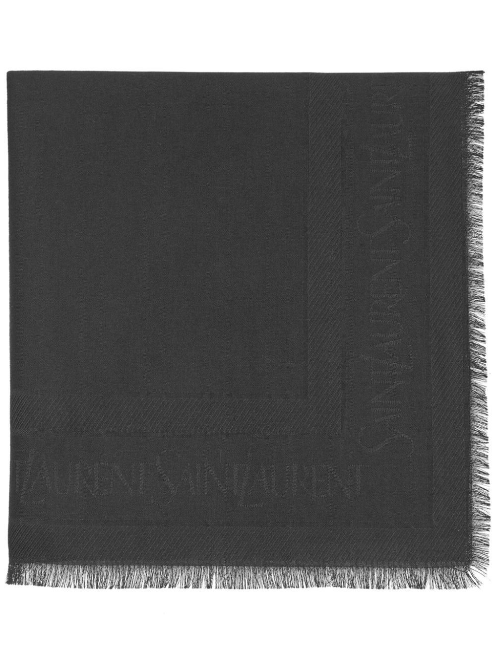 SAINT LAURENT Frayed Black Wool Scarf with Logo Motif for Men - FW23