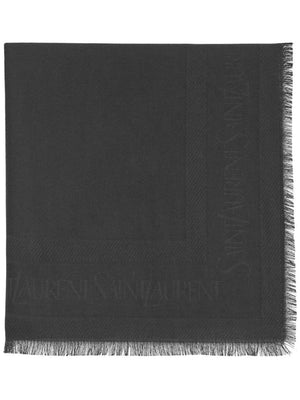 Frayed Black Wool Scarf with Logo Motif for Men - FW23