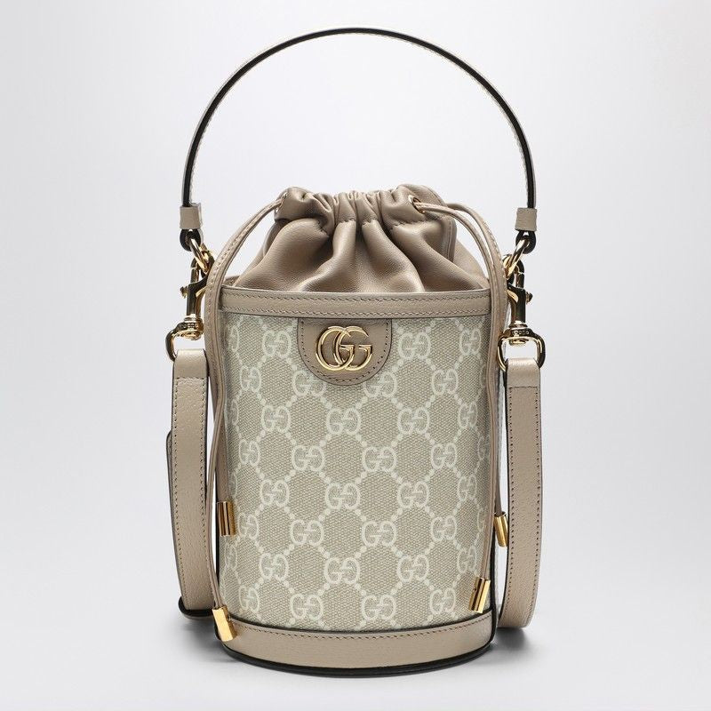 GUCCI Chic Mini Bucket Handbag in Beige and White GG Supreme Fabric