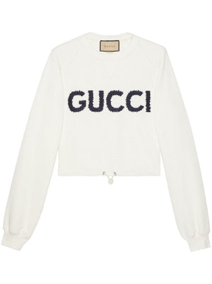 GUCCI Embroidered Cotton Sweatshirt in Eggshell White and Navy Blue for Women - SS24