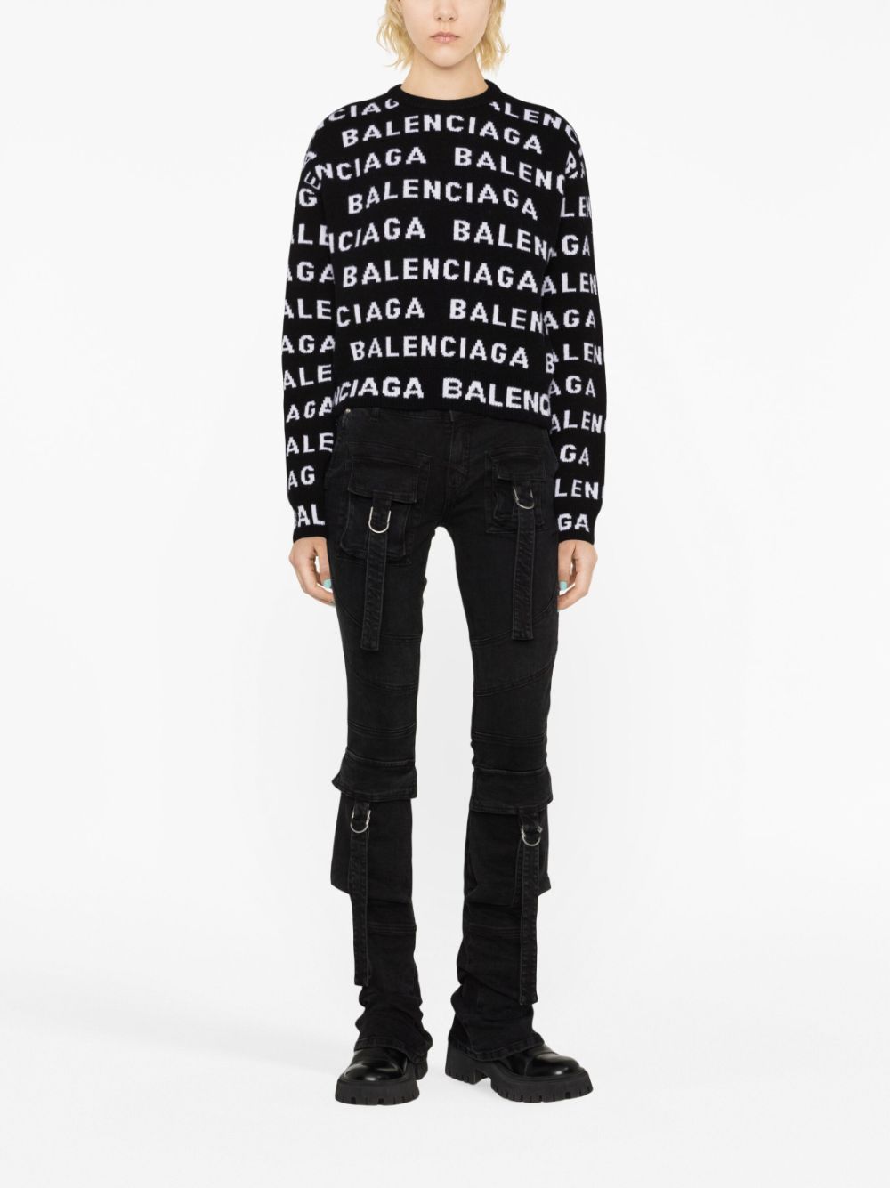 Cropped Logo Sweater in Black and White Wool