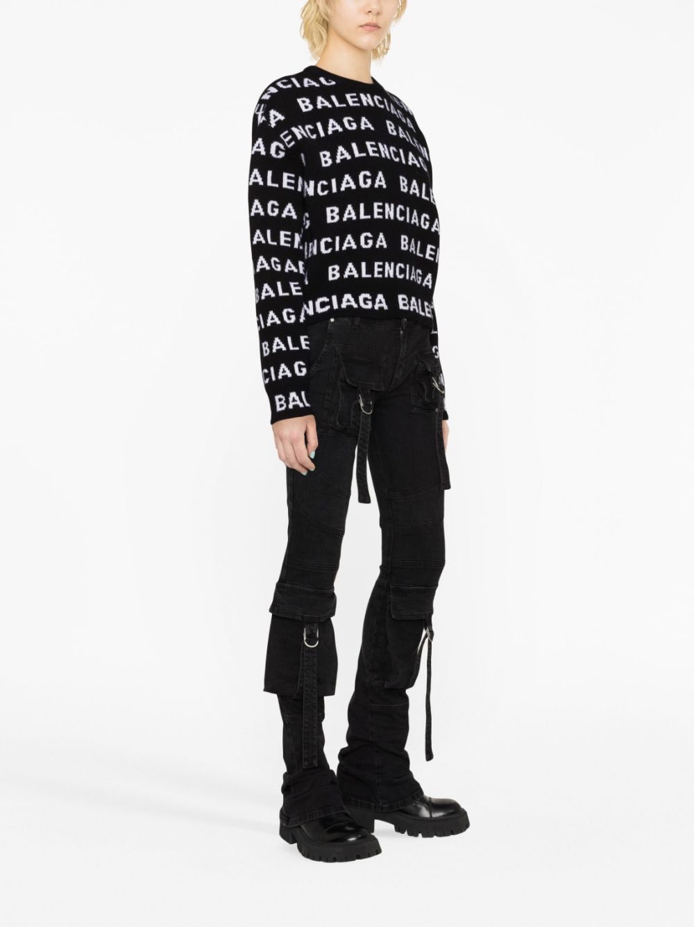 Cropped Logo Sweater in Black and White Wool