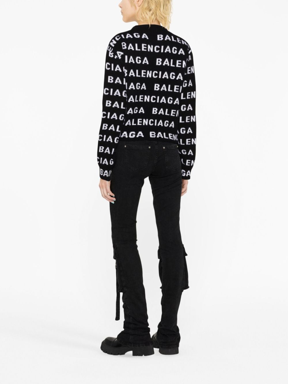 Cropped Logo Sweater in Black and White Wool