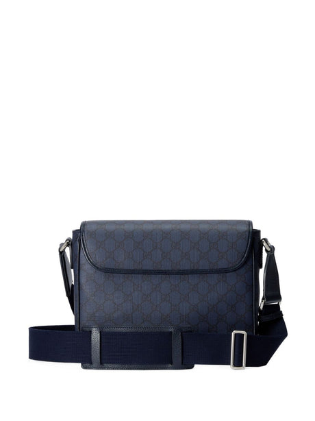 GUCCI Blue Leather Shoulder-Handbag with GG Supreme Fabric and Antique Silver-Tone Hardware