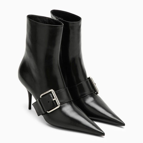 Women's Black Leather Pointed Ankle Boots SS24