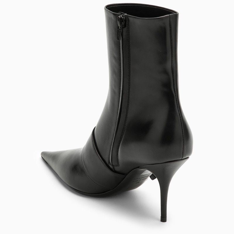 Women's Black Leather Pointed Ankle Boots SS24