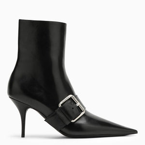 Women's Black Leather Pointed Ankle Boots SS24