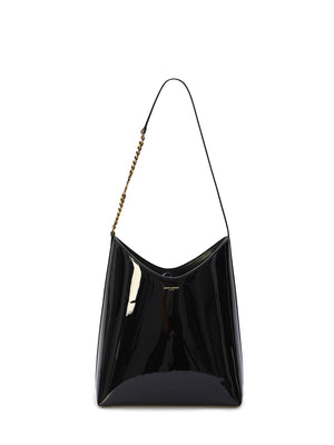 SAINT LAURENT Black Patent Leather Shoulder Bag with Embossed Paris Signature