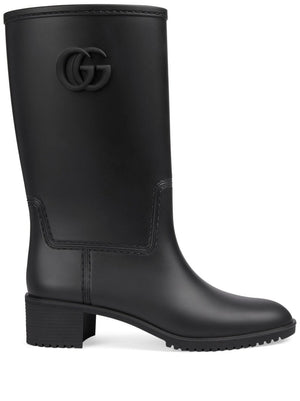 نساء أحذية المطر الجلدية السوداء ذات التصميم ذو الحرفين G المزدوجة