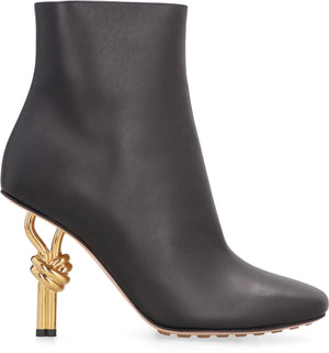 BOTTEGA VENETA Black Leather Ankle Boots with Square Toe and Gold-Tone Heel for Women