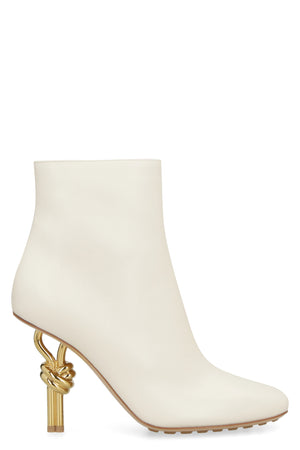 Ivory Leather Ankle Boots with Square Toeline and Gold-Tone Metal Heel for Women