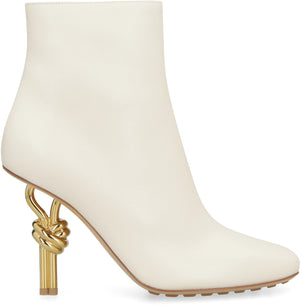 Ivory Leather Ankle Boots with Square Toeline and Gold-Tone Metal Heel for Women