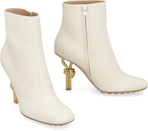 Ivory Leather Ankle Boots with Square Toeline and Gold-Tone Metal Heel for Women