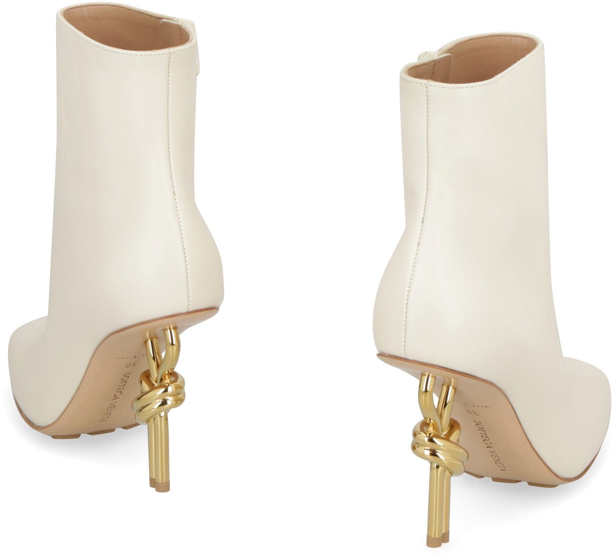 Ivory Leather Ankle Boots with Square Toeline and Gold-Tone Metal Heel for Women