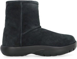 BOTTEGA VENETA Black Suede Ankle Boots for Women with Back Logo Patch and Shearling Lining